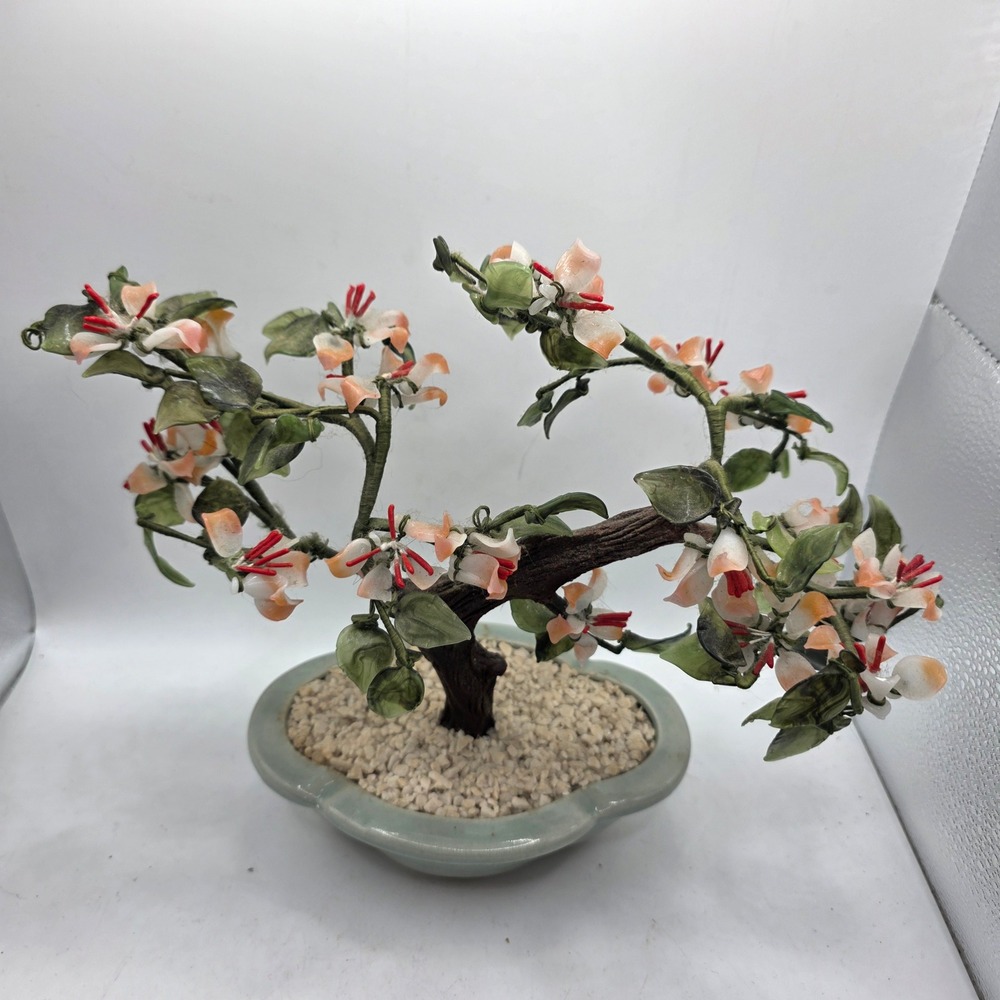 Vintage Chinese Glass Bonsai Tree Peach Flowers Jade Green Leaves Celadon Pot
